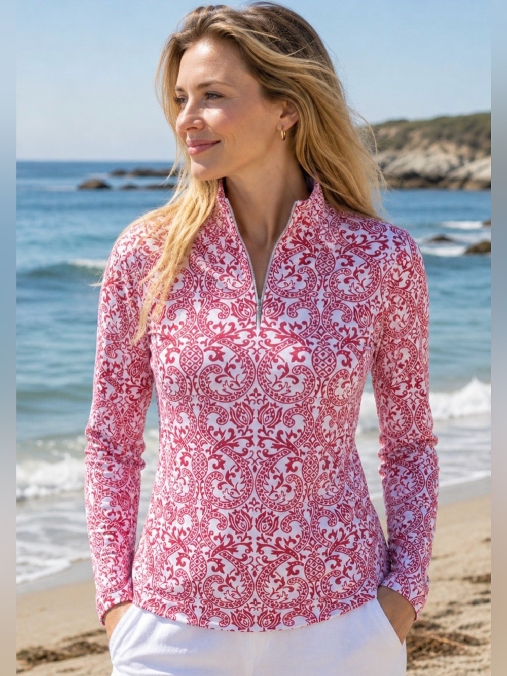 Athleta 1/4 Zip Pullover, Sz.
M, Red Paisley w/ Pineapple Motif, Striped Sides